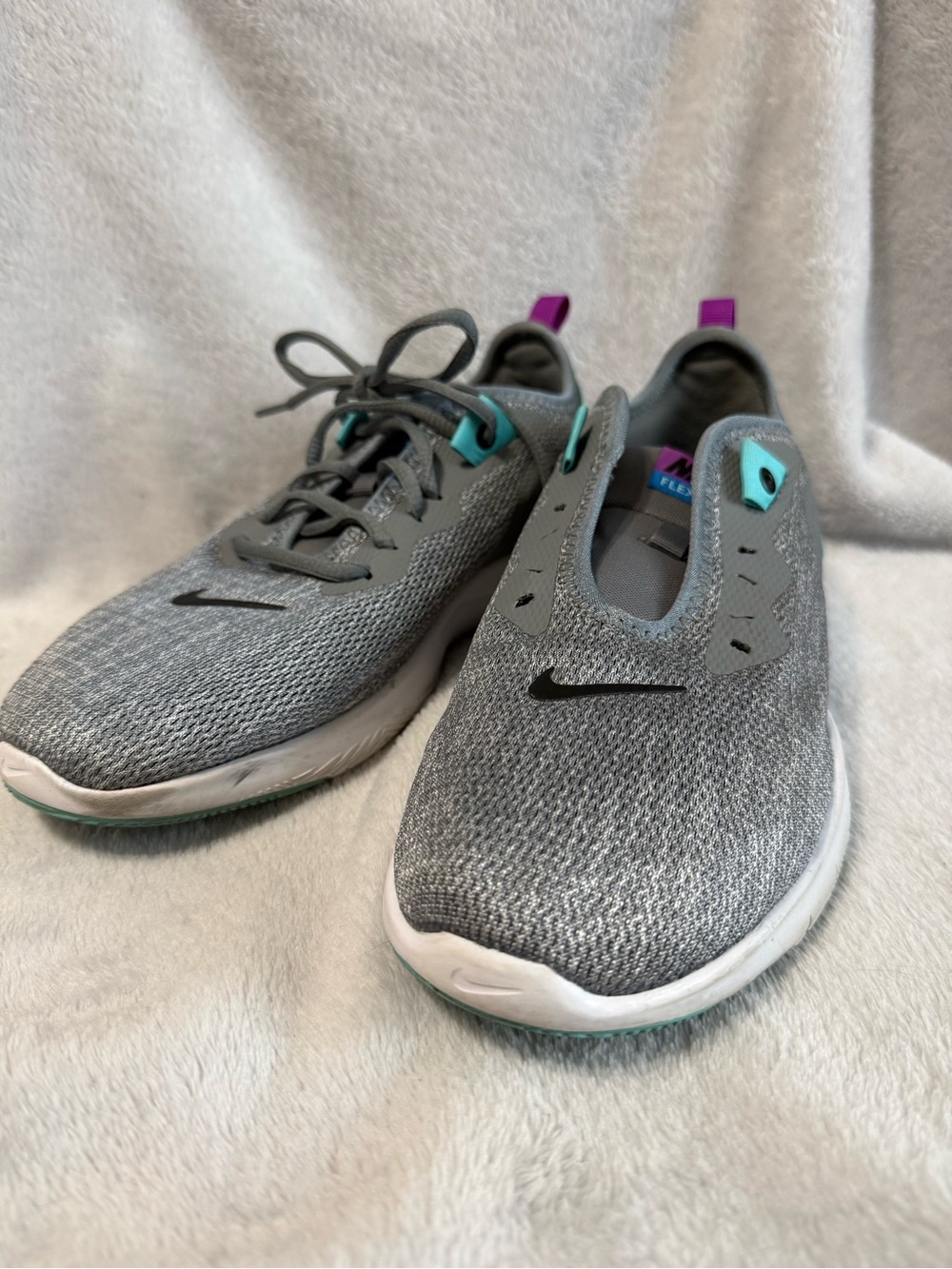 Nike Women’s Gray Knit Sneakers with Teal and Purple Accents
